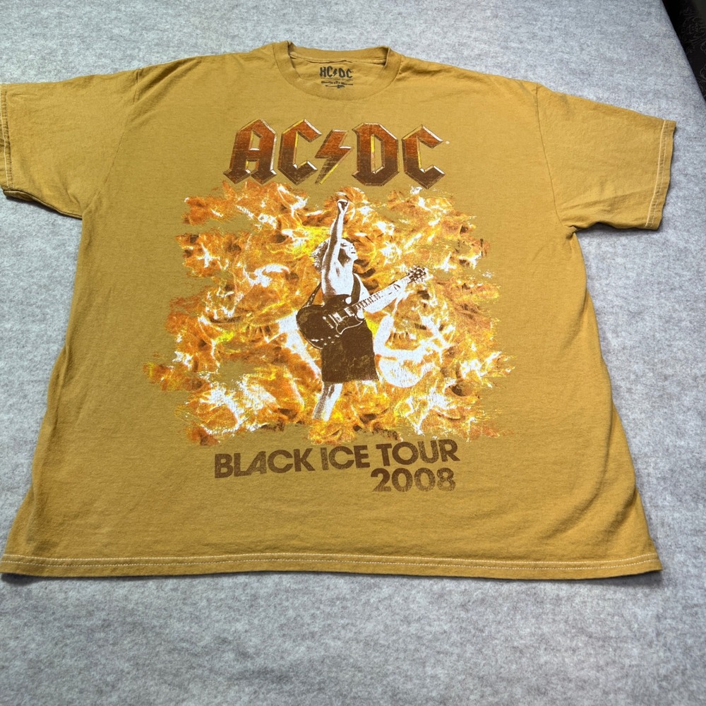 AC/DC Black Ice Tour 2008 Graphic T-Shirt Gold Mens Size S/M Goodie Two Sleeves